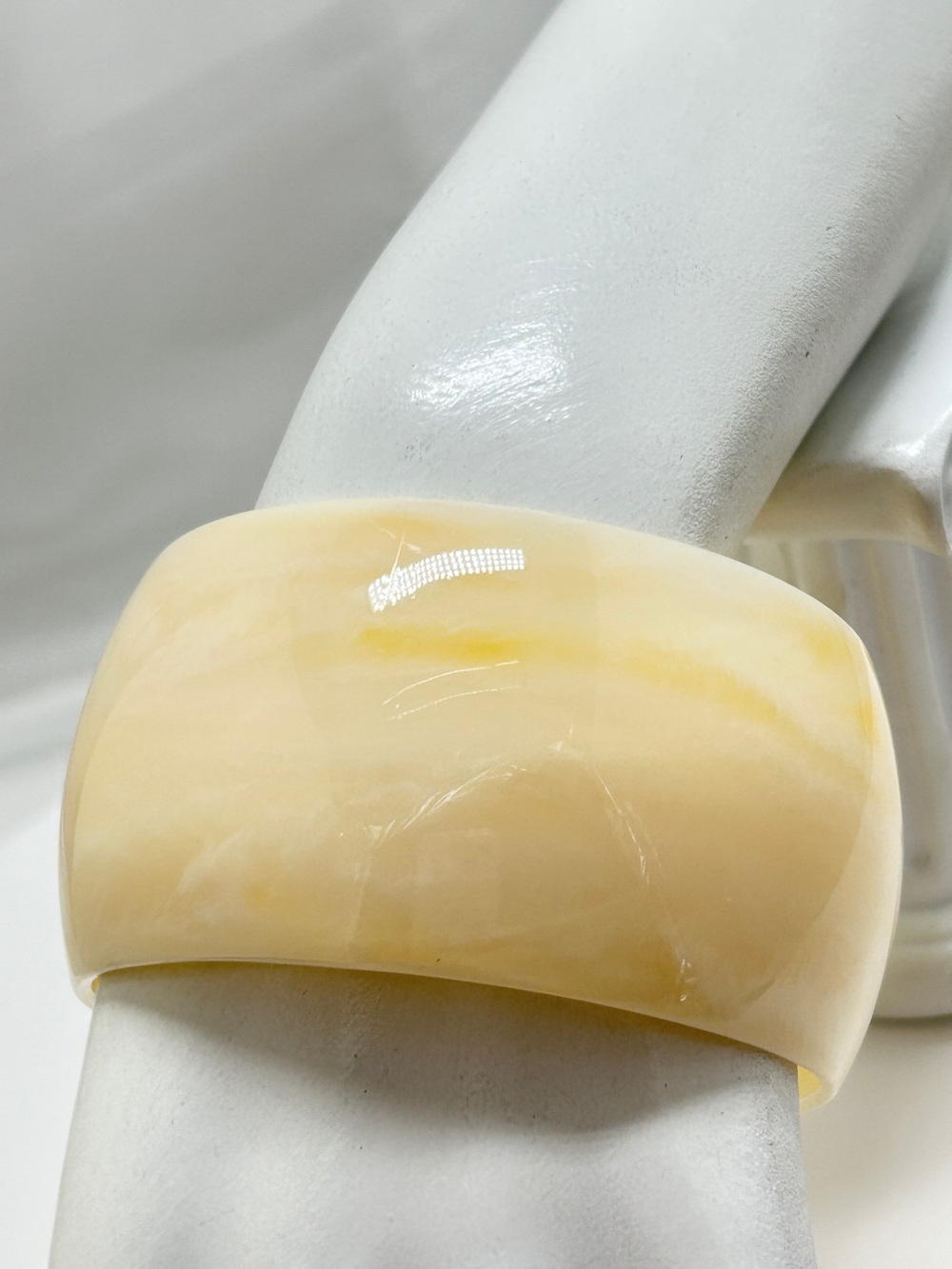 Cream And Pale Yellow Vintage Marbled Lucite Wide Bangle Bracelet,
